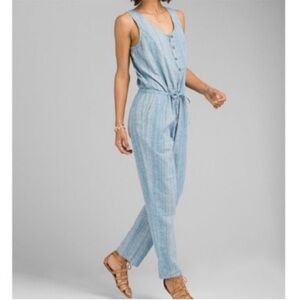 Prana Light Blue Button-Front Hemp Blend Sleeveless Jumpsuit
